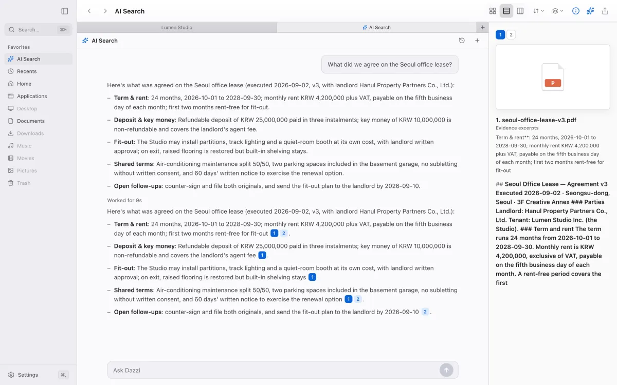 AI Search with an evidence panel quoting the lease