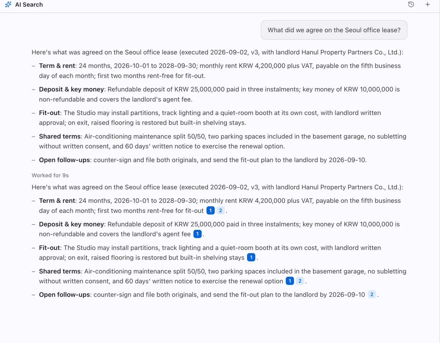 A real Dazzi answer listing lease terms, rent, deposit and follow-ups, with numbered citation chips