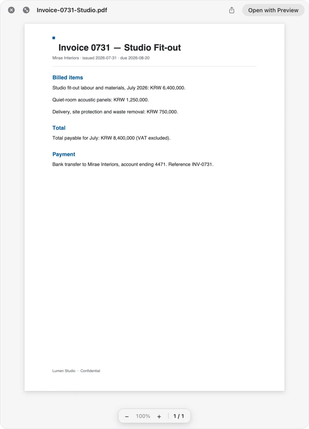 Quick Look previewing an invoice PDF